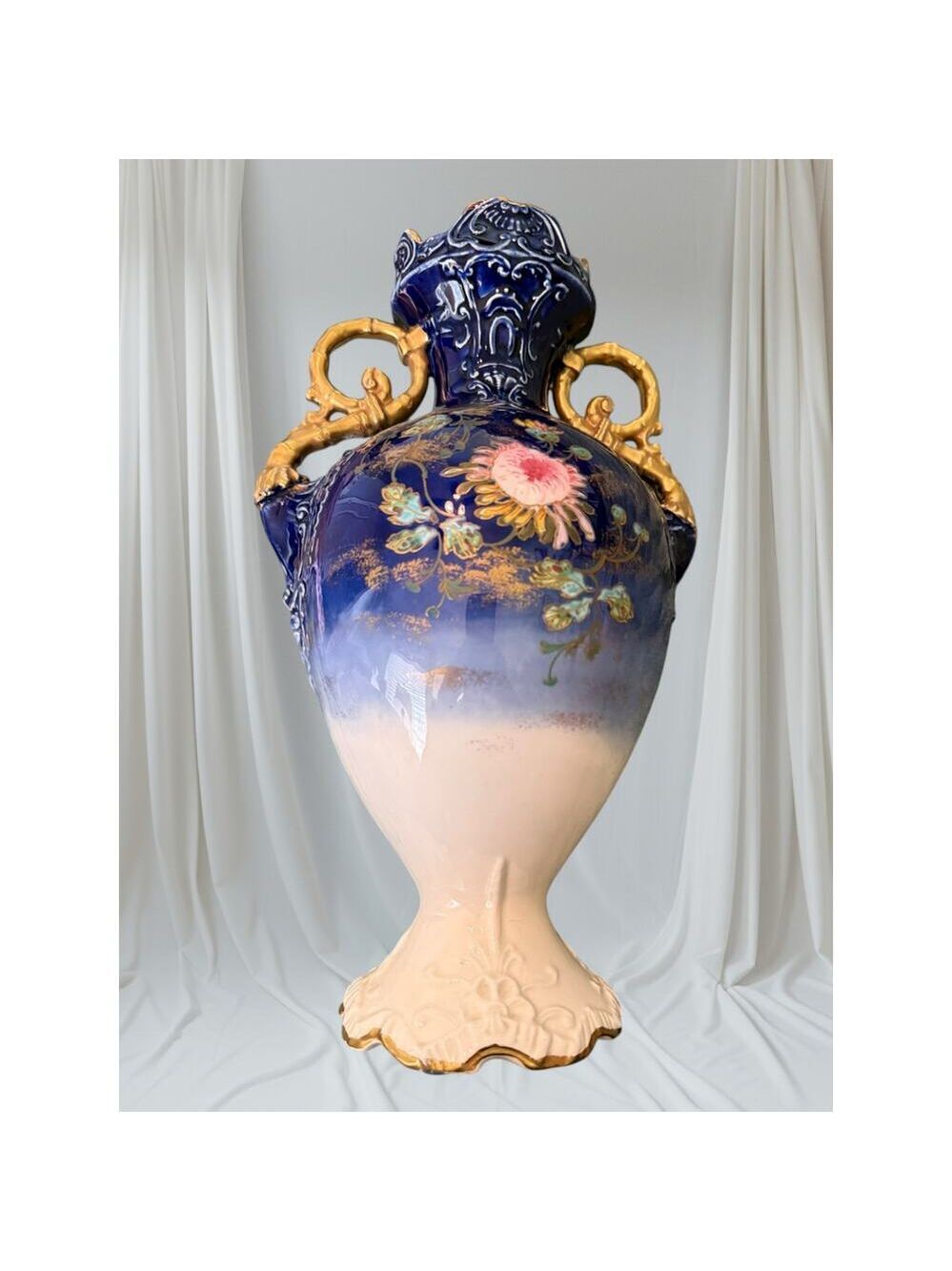 Antique Cobalt Blue Hand-Painted Floral Urn Vase, Gold Gilt Handles, 1890-1920